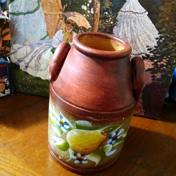 Pier 1 Decorative Hand Painted Clay Vase🍐🍋Size 6"×9" Fruit &Floral Pottery🍍🍒 - Picture 1 of 16